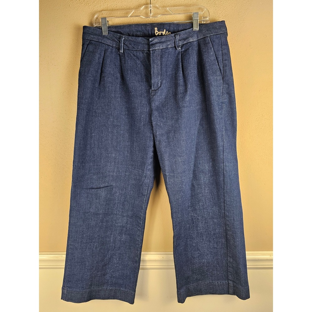 Boden Womens Pleated Wide Leg Denim Crop Jeans 12 Long
